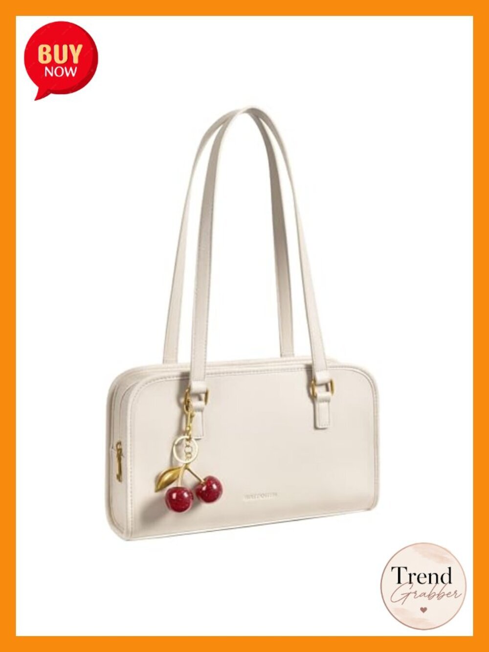 Vegan Leather Shoulder Bag with Cherry Charm Medium Handbag Zipper Daily Use